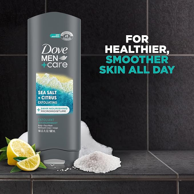 DOVE MEN + CARE Body and Face Wash Exfoliating Sea Salt + Citrus 4 count for Men, with 24-Hour Nourishing Micromoisture Technology 18 fl oz