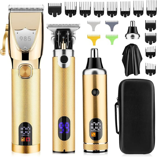 Professional Hair Clippers for Men,Cordless Barber Clippers,Beard Trimmers and Nose Hair Trimmer Kit,Mens Grooming Haircut Kit with LED Display,Gold