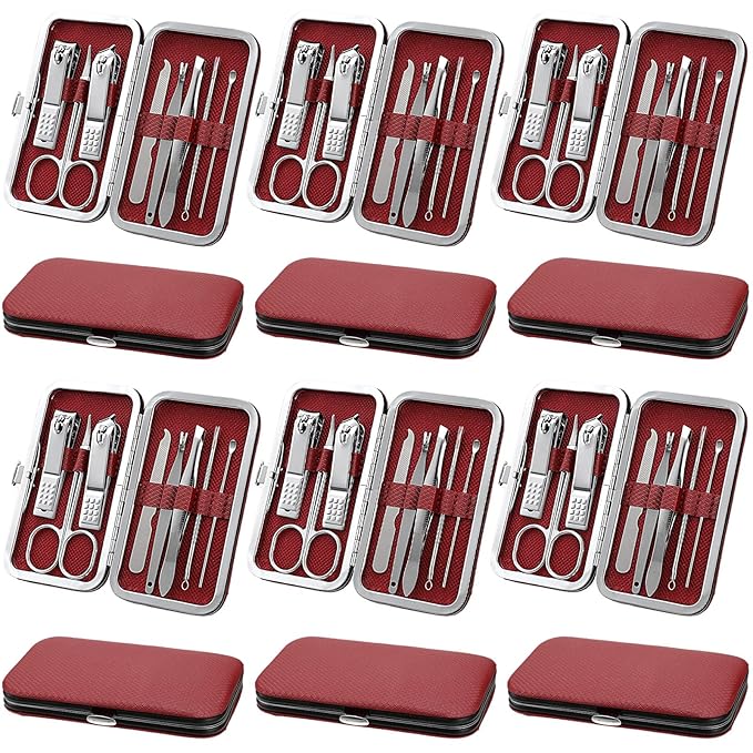 Geosar 12 Sets Manicure Set Nail Clippers Pedicure Kit 8 in 1 Stainless Steel Professional Grooming Kits Nail Care Tools with Travel Case for Men Women(Wine Red)