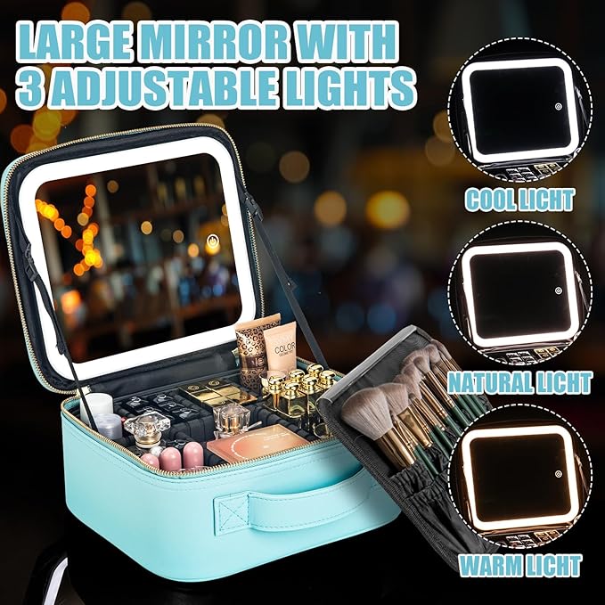 Makeup Travel Train Case with Mirror LED Light 3 Adjustable Brightness Cosmetic Bag Portable Storage Adjustable Partition Waterproof Makeup Brushes Makeup Jewelry Gift for Women (light blue)
