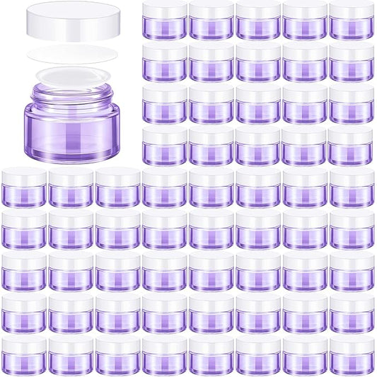Domensi 60 Pcs 1oz Glass Jars with Lids Bulk Salve Tins Small Glass Candle Cosmetic Jars for Travel with Inner Liners Containers for Lotions Sample Cream(Light Purple, White Lids)