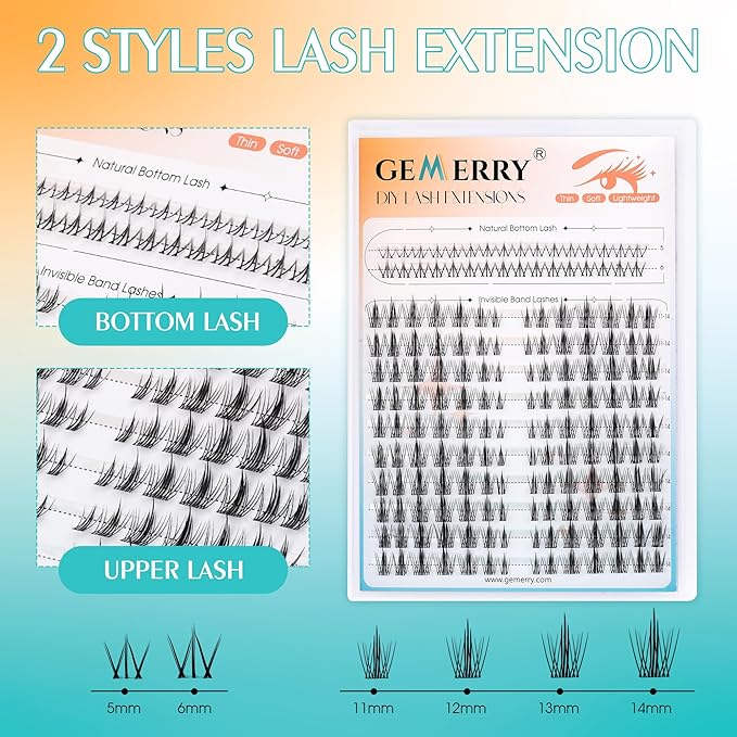 GEMERRY Lash Clusters with Bottom Lashes Natural Cluster Eyelash Extensions 11-14mm Cluster Lashes Wispy Lash Extension Clusters with 5-6mm Bottom Eyelashes DIY Eyelash Clusters for Self Use
