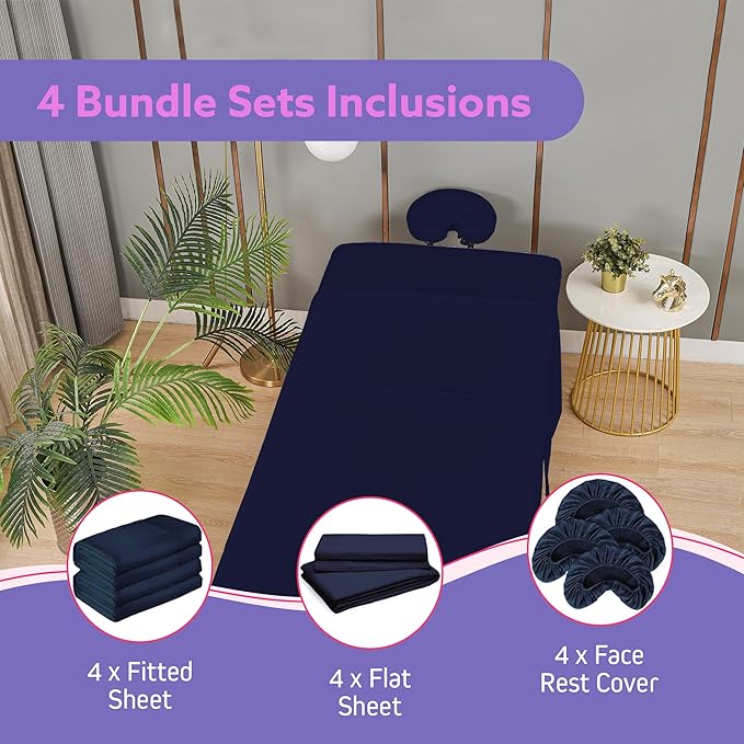 Massage Table Sheets Sets – 4 Set Bundle, 120GSM Double Brushed Microfiber, Premium Massage Sheets Sets, Spa Bed Sheets for Esthetician, Wrinkle & Oil Resistant, Dark Blue