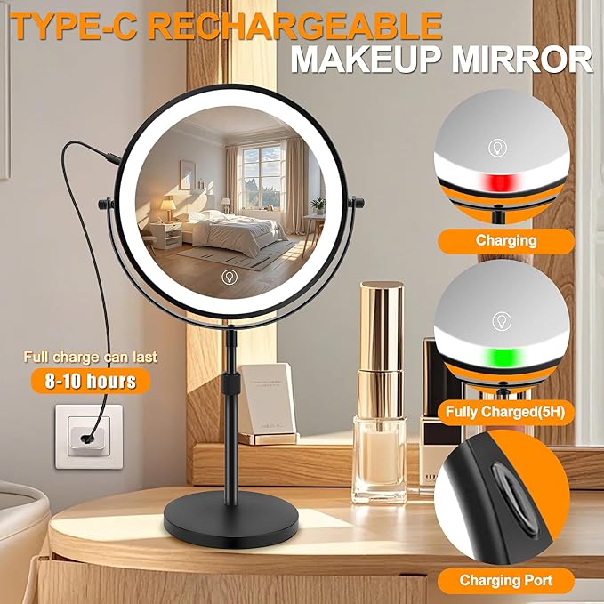 10x Large Lighted Makeup Mirror, Rechargeable 8.7" Double-Sided Vanity Mirror with 3 Color Dimmable Lights, 1X/10X Height Adjustable Magnifying Mirror, 360° Swivel, for Women Girl(Black)
