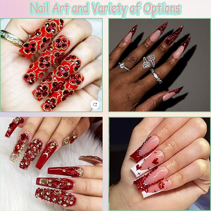 12 Types of Red 600 Diamonds + 2500 Flat Rhinestones Mix 20 Styles Flatback DIY Crafts Rhinestone Crystals 3D Decorations Flat Back Stones Set + Rhinestone Picker Wax Pen