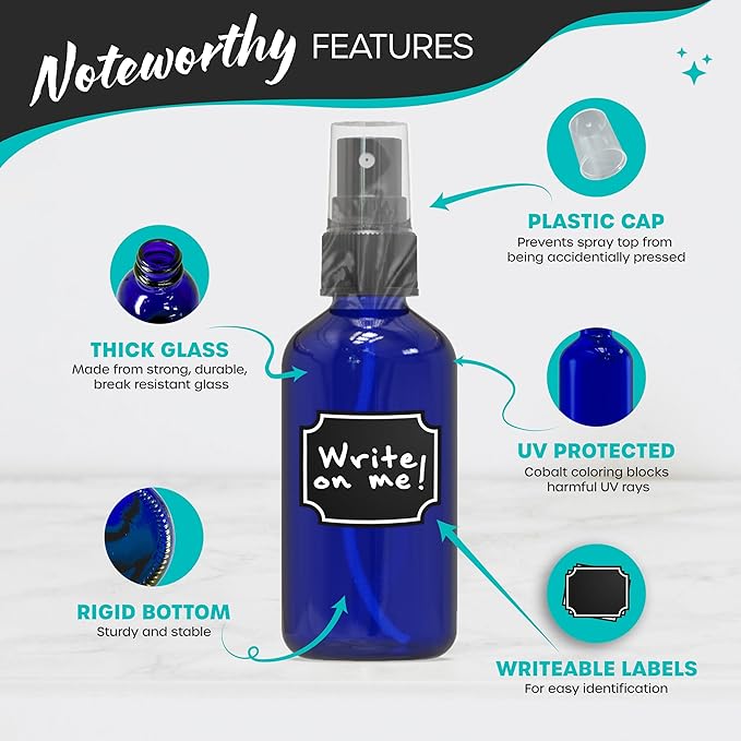 Nevlers Blue Glass Spray Bottles 4 Oz 24 Pack | Small Spray Bottles Mist Sprayer Set w/Shrink Wrap, Funnel, Brush, Marker & Labels | Dark Blue Glass Bottle for Use as Travel Size Perfume Refill Bottle