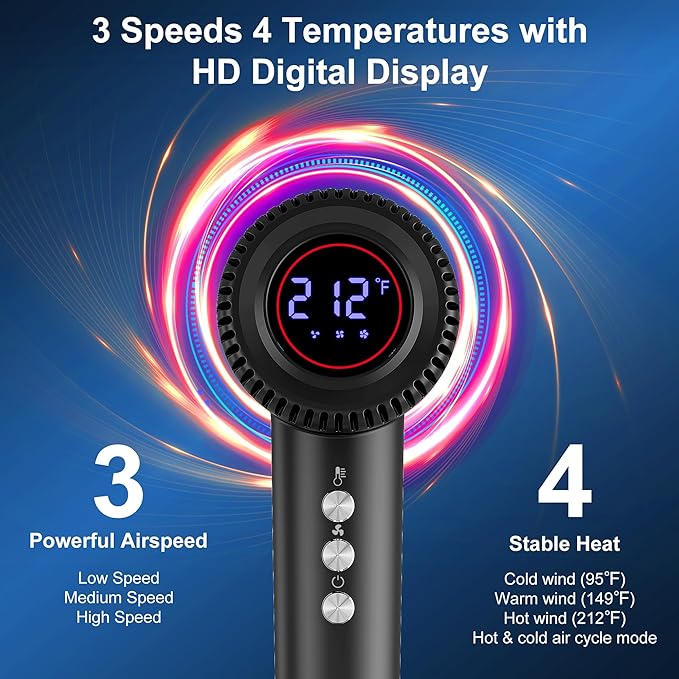 Hair Dryer, 180000 RPM High-Speed Blow Dryer, 1600W Low Noise Brushless Motor, Negative Lonic Professional Care Hair Dryer, 4 Thermo-Control with Magnetic Diffuser and Nozzle for Travel, Salon(Black)