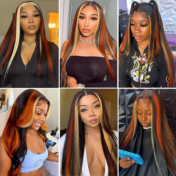 1B/Ginger and Blonde Skunk Stripe Straight Wigs Human Hair 13x4 Ginger Orange Blonde Highlight Lace Front Human Hair Colored Wig Glueless Pre Plucked With Baby Hair 180 Density 26 Inch for Women