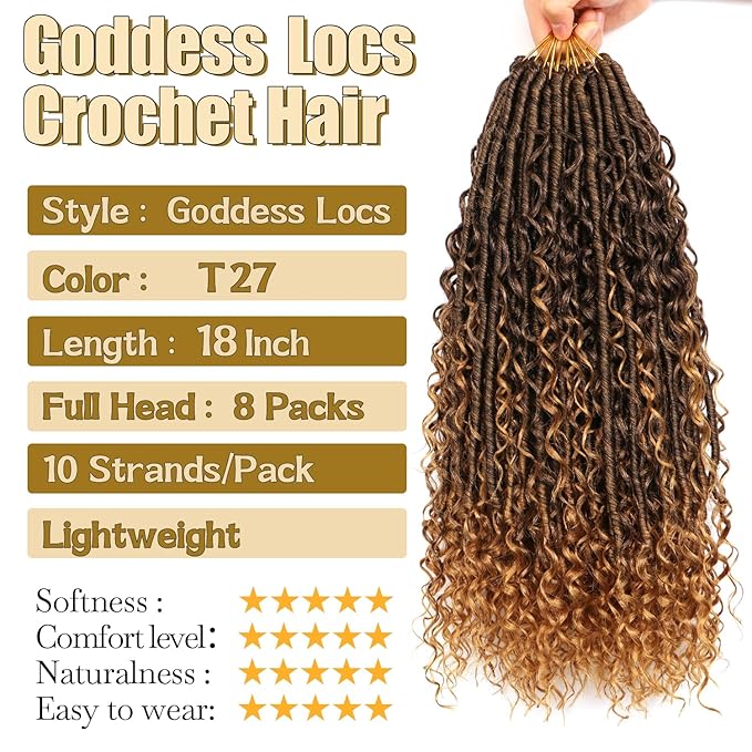 8 Packs Goddess Faux Locs Crochet Hair-18 Inch Boho Soft Locs Crochet Hair for Black Women (T27, 18 Inch(Pack of 8))