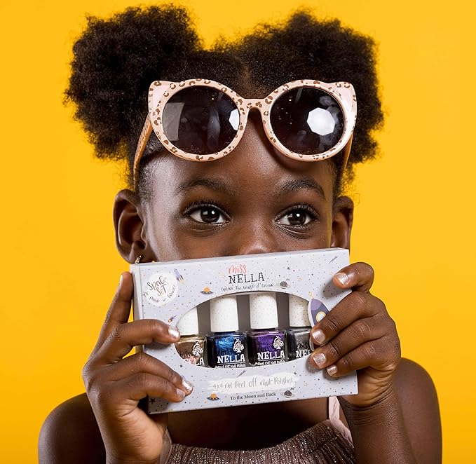 MISS NELLA SPACE COLLECTION Metallic Nail Polish for kids, set of 4 varnishes: silver, bronze, purple & blue, Peel- Off varnish for toddlers