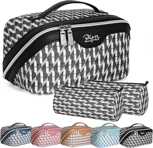 BOYATU Travel Makeup Bags for Women: Large Capacity Cosmetic Bag Set of 3 - Vegan Leather Make up Bags with Compartments - Wide Open Waterproof Toiletry Organizer Bag with Handle (E-04-Black)