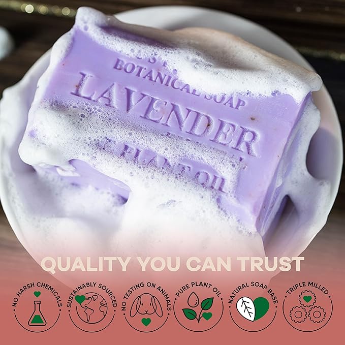 Australian Botanical Soap, 6.6 OZ, Lavender and Essential Oil, Triple Milled Bars made with a Natural Soap Base and Enriched with Organic Shea Butter, Pack of 8