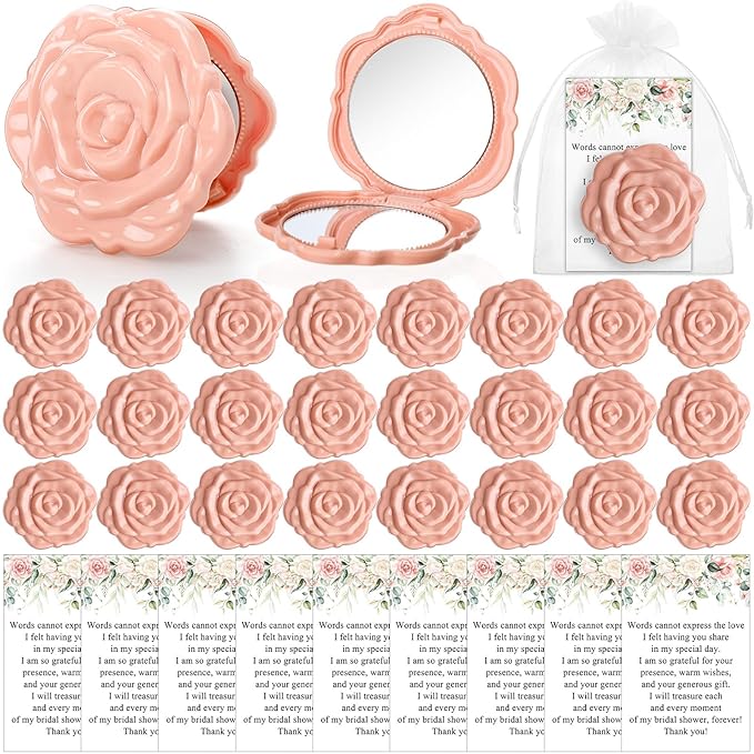 30 Sets Bridal Shower Party Favors for Guests Small Rose Compact Mirror Bulk Wedding Favors Thank You Cards and Organza Bags Wedding Party Guests Souvenir Gift (Pink Champagne)