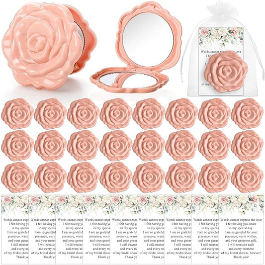 30 Sets Bridal Shower Party Favors for Guests Small Rose Compact Mirror Bulk Wedding Favors Thank You Cards and Organza Bags Wedding Party Guests Souvenir Gift (Pink Champagne)