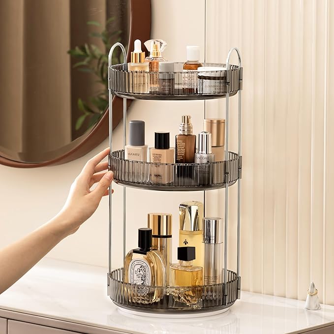 360 Rotating Makeup Organizer Clear Gray 3 Tier Bathroom Organizer Spinning Perfume Organizers, Skincare Organizers Dresser Organizer Makeup Carousel with Silver Handle Cosmetic Brush Storage