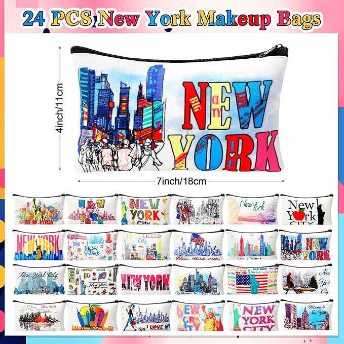 24 Pieces Makeup Bags Bulk Canvas Cosmetic Bags Purse Organizer Zipper Cosmetic Pouch Portable Travel Toiletry Pouch for Women Men Gifts, 7 x 4 Inch (New York)