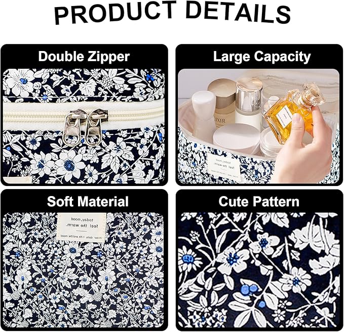 3Pcs Makeup Bag Cotton Quilted Travel Cosmetic Bag Cute Floral Makeup Pouch Large Toiletry Bag for Women Girls (Black Flowers)