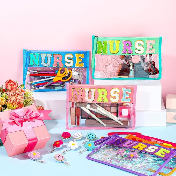 Coume 18 Pcs Nurse Makeup Bags Badge Clips Gifts Clear Pouches with Nursing Badge Reel Flower Smile Face Nursing ID Card Clips for National Certified Nurses Day Teacher Student, 11.8 x 7.87 inch