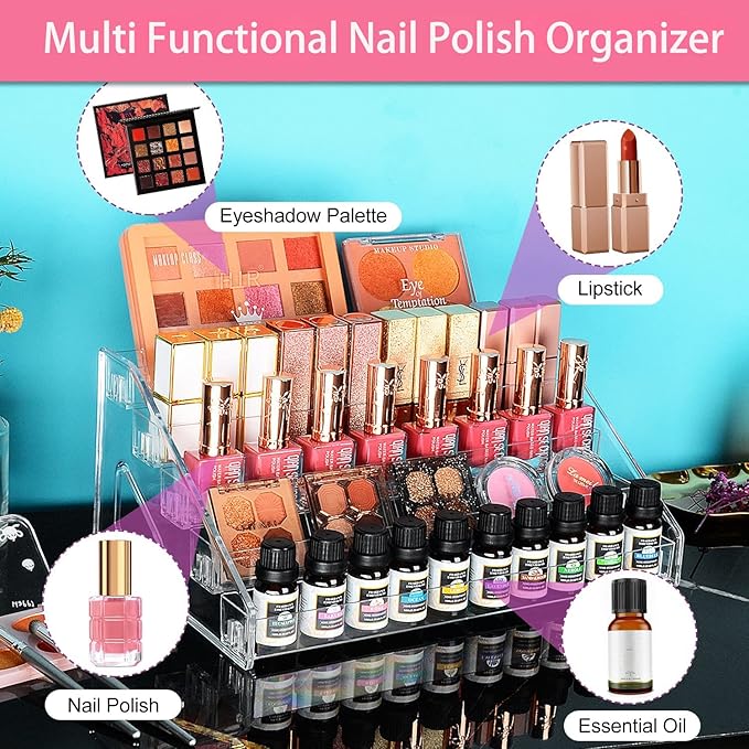 Nail Polish Organizer 60 Bottles of 5 Layers Sunglass Organizer Acrylic Display Rack Eyeglasses Storage Essential Oils Holder Makeup Organizer No Tool Needed Assembly, Clear