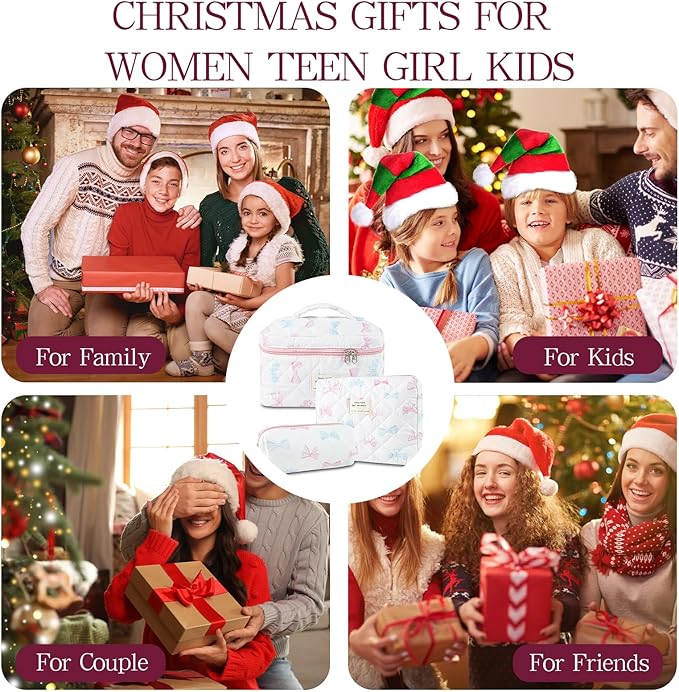 3Pcs Quilted Makeup Bag, Cute Floral Cotton Cosmetic Bag set, Coquette Bow Makeup Pouch Large Travel Toiletry Bag