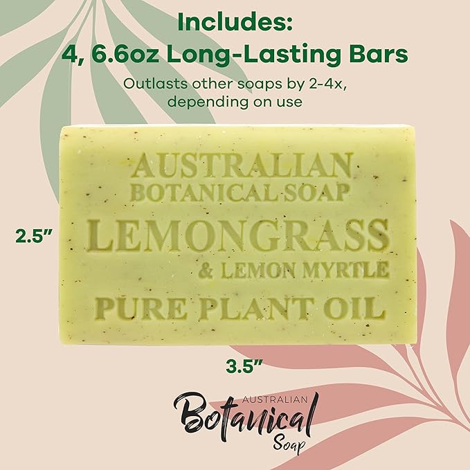 Australian Botanical Soap Lemongrass and Lemon Myrtle 6.6 oz Luxury Soap Bars Enriched with Shea Butter, Pack of 4