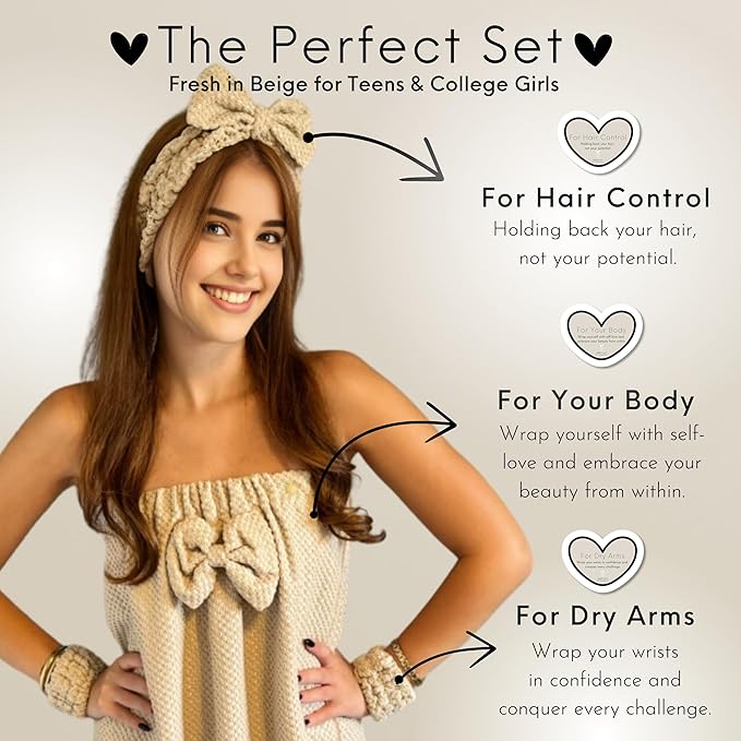 Happy Lolli Power Shower Gift Set: Luxury Bath Accessories Basket for Women & Teen Girls – Includes Body & Hair Towel, Wrist Bands, Headband, Face Sponge & More – Empower Your Routine (Fresh in Beige)