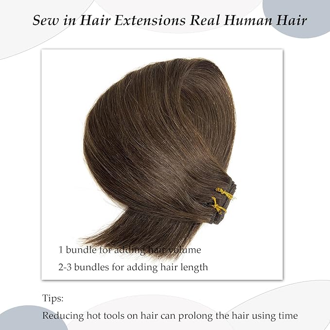 Sew in Weft Hair Extensions Human Hair Bundles, Dark Brown Sew in Hair Extensions Real Human Hair for Women, 120G 24Inch Remy Human Hair Sew in Extensions Hand Tied Weft Hair Extensions