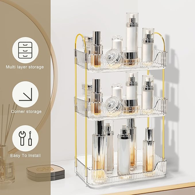 Bathroom Counter Organizer Countertop Storage Skincare Countertop Makeup Organizer Cosmetics Skincare Organizers Holder for Perfume-Clear-Golden Pole-3 Tier