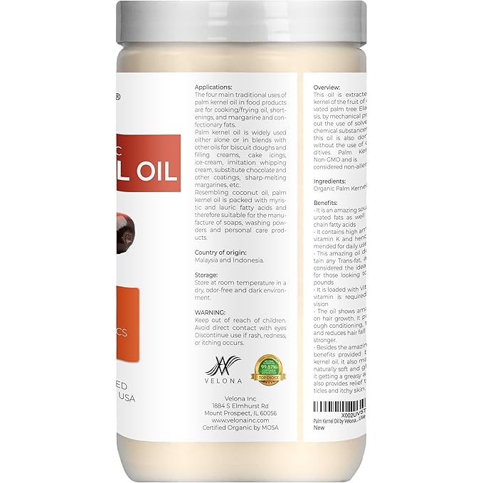 velona USDA Certified Organic Palm Kernel Oil - 32 Fl Oz | 100% Pure and Natural Carrier Oil | Refined, Cold Pressed | Face, Hair, Body & Skin Care | Use Today - Enjoy Results