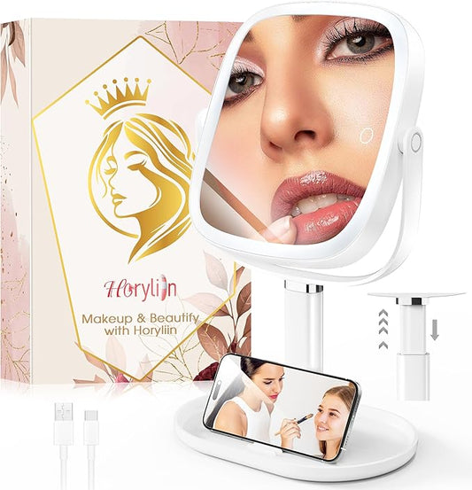 Makeup Vanity Mirror with Lights - 10x/1x Magnifying Mirror with Light, Rechargeable Desk Mirror with 3-Color Lighting & Memory Function, 360° Adjustable Table Mirror, Gift for Women (White)