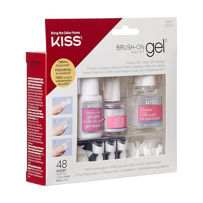 KISS Brush-On Gel Finish Fake Nail Kit French Manicure Set, 48 Short Length Square Shaped French & Natural Glue-On Nail Tips (Pack of 2)