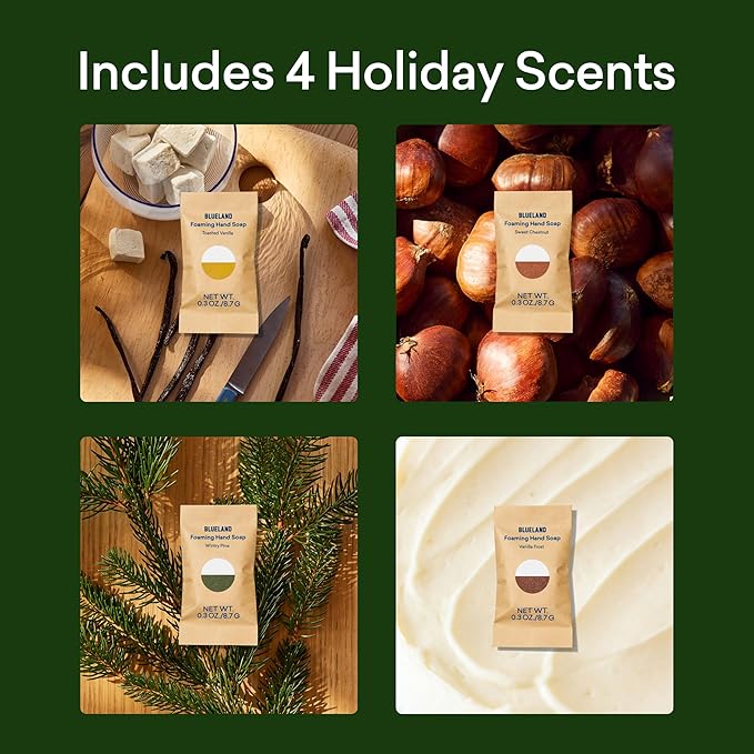 BLUELAND Foaming Hand Soap Refill Tablets, 4-Pack, Holiday Scents, Eco Friendly Cleaning Products, 4 x 9 Fl oz