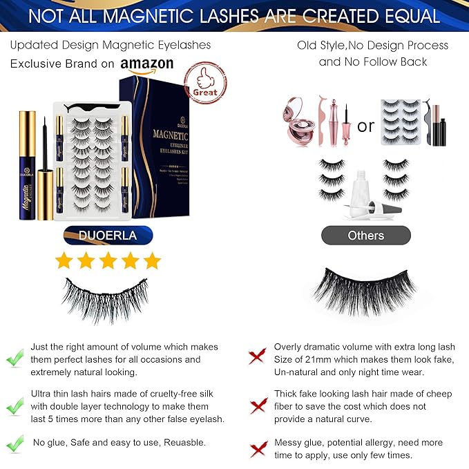 DUOERLA Magnetic Eyelashes,10 Pairs Magnetic Lashes Natural Looking with Applicator and 4 Tubes of Waterproof Magnetic Eyeliner, [Upgraded] Reusable,Strong Hold,Lightweight, Cruelty-Free,Easy to Apply