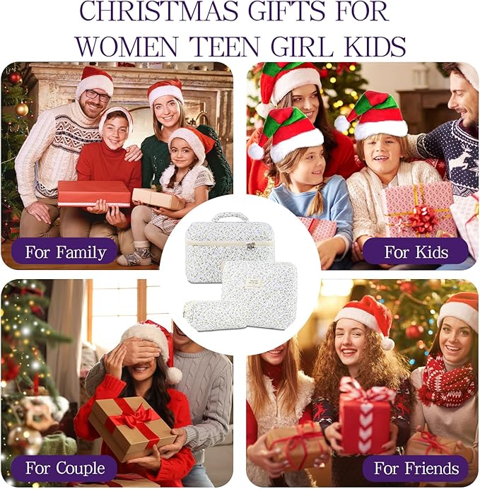 Makeup Bag, 3 PCS Quilted Makeup Bag, Cute Floral Cotton Cosmetic Bag set, Coquette Makeup Pouch Large Travel Toiletry Bag