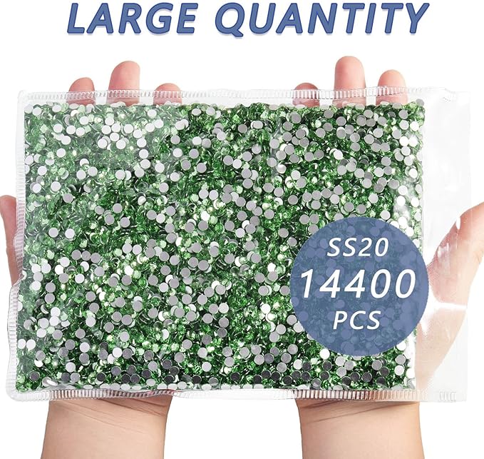 Beadsland Flatback Rhinestones Bulk,14400pcs Green Rhinestones for Nails Crafts Clothes DIY Decoration, Light Green/Peridot, SS20, 4.6-4.8mm