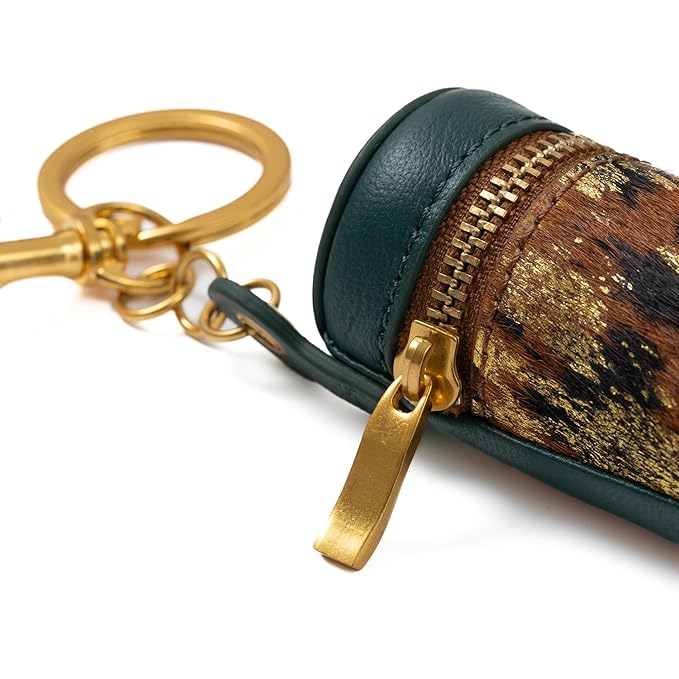 Cackatoo Genuine Leather Horsehair Lipstick Case with Keychain - Portable Travel Organizer for Lipstick and Chapstick - Stylish Key Chain Accessory for Women (Bronzing/Dk Green)