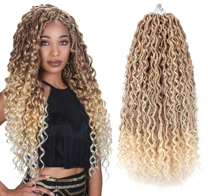 Aipin 8 Packs New Goddess Locs Crochet Hair 18 Inch Boho River Locs Hippie Locs Wavy Crochet With Curly Hair In Middle And Ends Braids Hair Extensions(8 Packs,18 inch,T27/613)