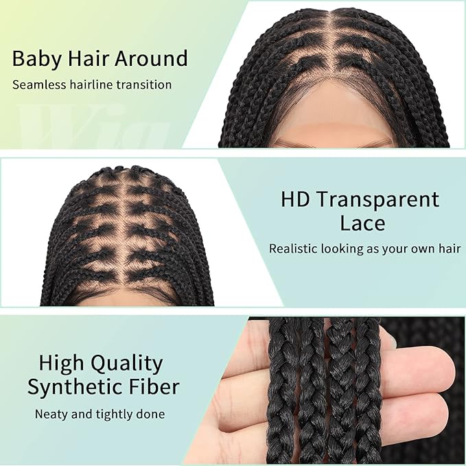 36 Inch 13x8 HD Lace Front Knotless Braided Wigs for Women Box Braid Wig With Baby Hair Human Hair Blended Lace Black Braid Wigs