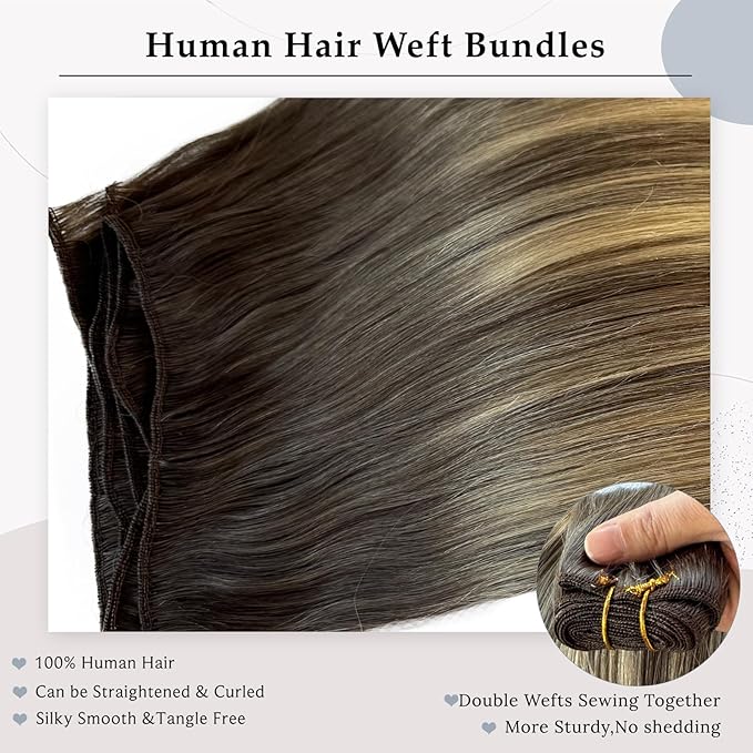 Sew in Hair Extensions Real Human Hair, Hand Tied Human Hair Weft Extensions 16 Inch Ombre Ash Brown to Ash Blonde Balayage Blonde Highlights Hair Weft 80G Straight Human Hair Weft Weaves Bundles
