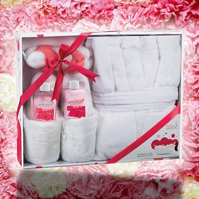 Luxury Home Spa Gift Basket with Pink Peony Scent - Indulgent Ultra Soft Bathrobe & Plush Slipper Spa Box for Women - Complete Bath & Body Set Luxury Body Care Mother’s Day Gift for Mom