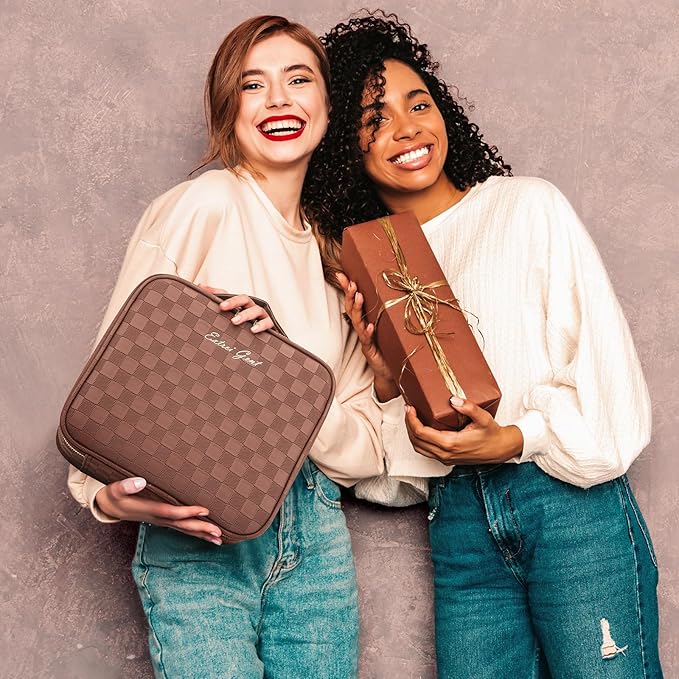 Makeup Travel Train Case with Mirror LED Light 3 Adjustable Brightness Cosmetic Bag Portable Storage Adjustable Partition Waterproof Makeup Brushes Makeup Jewelry Gift for Women