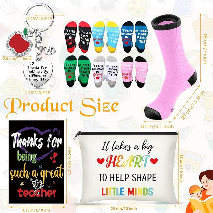 24 Pieces Women Teacher Appreciation Thank You Gift Set, Socks, Makeup Bags, Inspirational Notepads, Keychains for Christmas(Stylish)