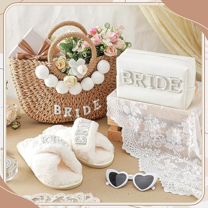 4 Pcs Bridal Shower Gift Set Include Handwoven Wedding Straw Purse Makeup Cosmetic Tote Bag Beach Bride Sunglasses Cross Band Women Slippers for Bridal Shower Bachelorette Party(Bride)