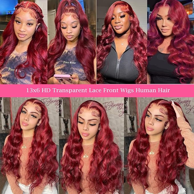 99j Burgundy Lace Front Wigs Human Hair 13x6 Body Wave Lace Front Wigs Human Hair Pre Plucked 200 Density HD Transparent Red Colored Frontal Wigs Human Hair for Women with Baby Hair 22 Inch