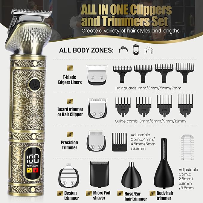 Brightup Beard Trimmer for Men, Professional Zero Gapped T-Blade Trimmer, Cordless Hair Clipper, 7 in 1 Grooming Kit for Face Electric Razor Shavers Mustache Body Nose Trimmer, Gift for Men