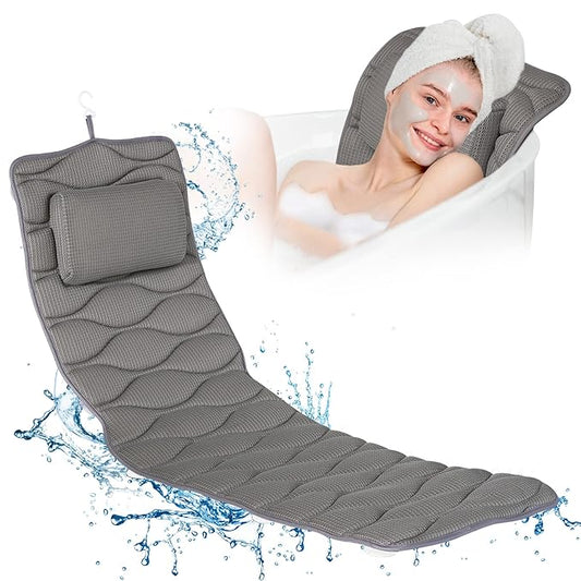 OMYSTYLE Full Body Bath Pillow, Bath Pillows for tub with Mesh Washing Bag & 21 Non-Slip Suction Cups, Spa Bathtub for Head Neck Shoulder and Back Support - 5D Air Mesh & Quick Drying | Gray