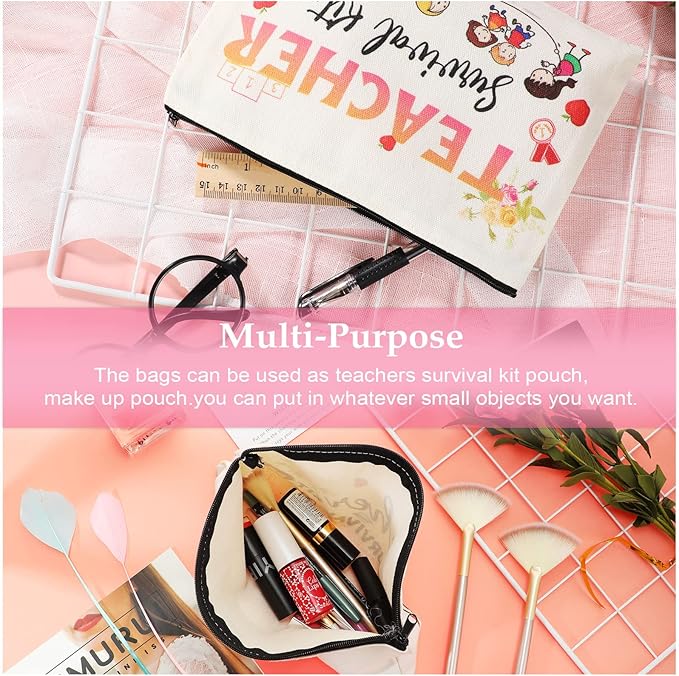 48 Pieces Teacher Appreciation Present Set, 24 Pieces Teacher Survival Kit Makeup Bag Pouch, 24 Pieces Teacher Blessing Card Bracelet, Teacher Cosmetic Bag Kit for Graduation Party