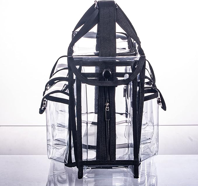 Wide Open Large Professional Clear PVC Travel Makeup Artist Set Cosmetic Nails Beauty Transparent Vinyl Tool Organizer Work Beach Diaper Bag With 6 External Pockets & Strap (Black)