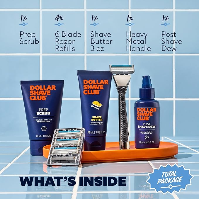 Dollar Shave Club | The Total Package Gift Set | 4 Swift Rinse Refill Cartridges, 1 Heavy Metal Handle, 1 Prep Scrub 3 ounce, 1 Shave Butter 3 ounce, 1 Post Shave Dew 3.4 ounce