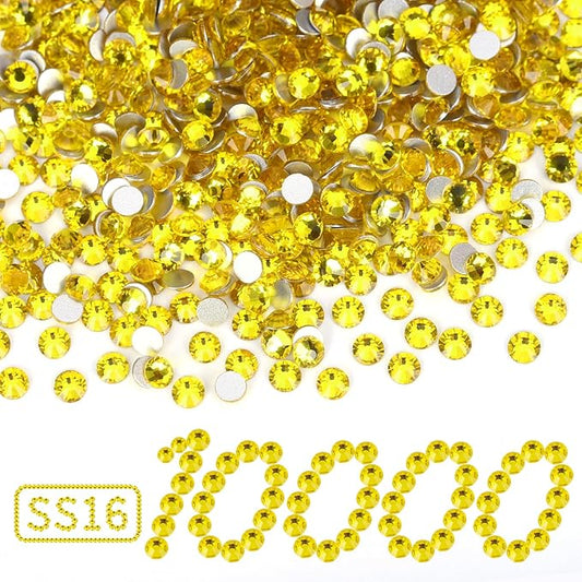 10000PCS Lemon Yellow Rhinestones Bulk, Flat Back Crystal Glass Stone Round Gems,SS16, 3.8-4.0mm